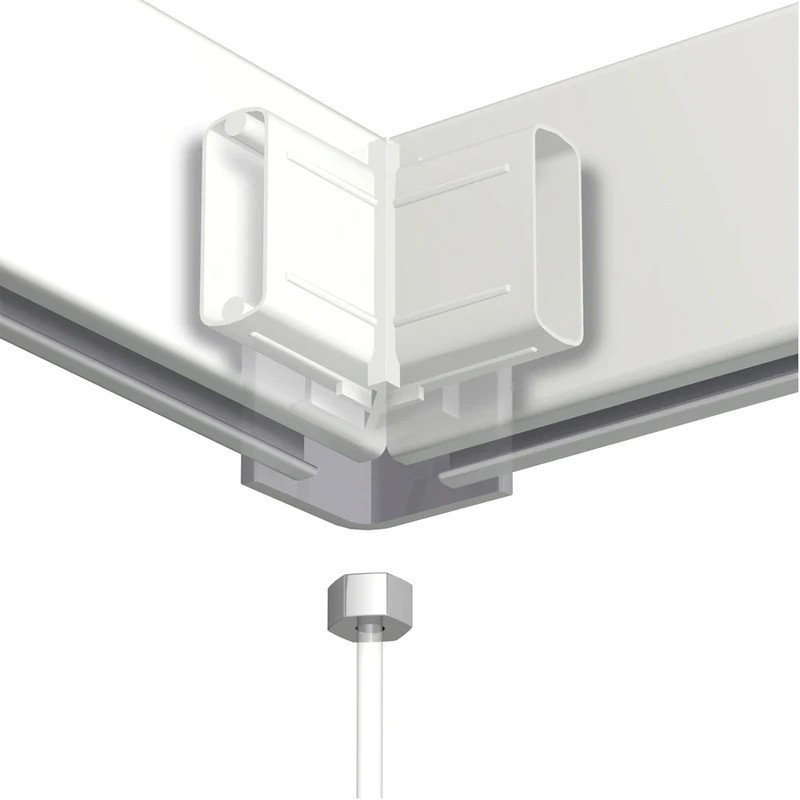 White corner connector for Click Rail picture hanging system.