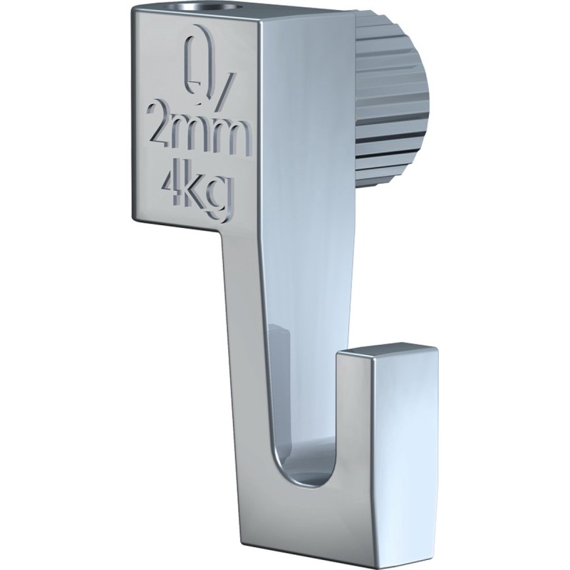 Strong and discreet metal hook for hanging frames up to 4 kg on 2 mm wires or rods. art hanging systems, cimaises